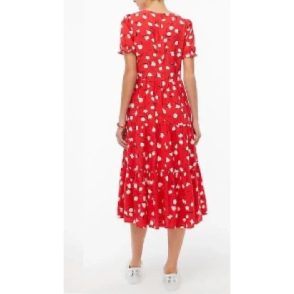 J. Crew Floral Puff-Sleeve Tiered Midi Dress Red BF865 Size L - Picture 2 of 14
